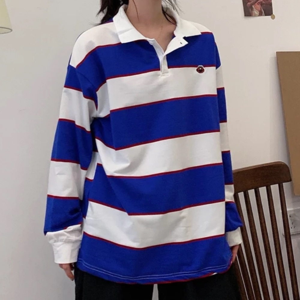 College style, blue and white striped polo shirt